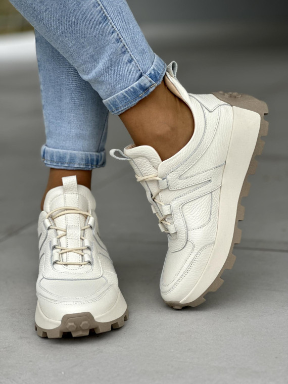Śliczne kremowe sneakersy damskie, skóra naturalna