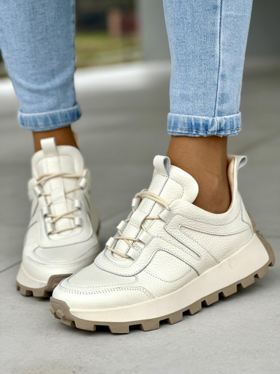 Śliczne kremowe sneakersy damskie, skóra naturalna