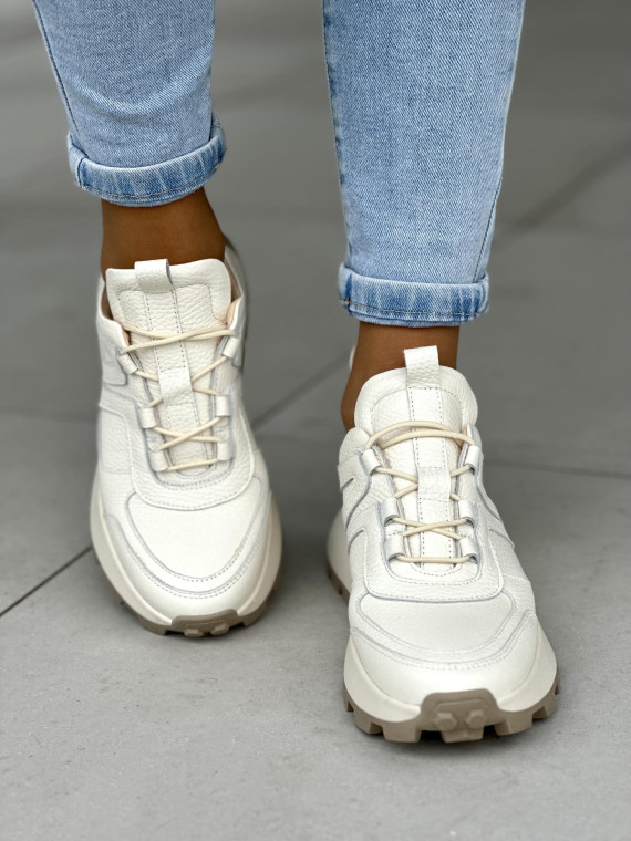 Śliczne kremowe sneakersy damskie, skóra naturalna