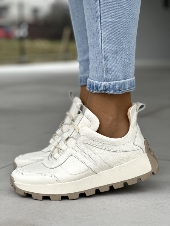 Śliczne kremowe sneakersy damskie, skóra naturalna