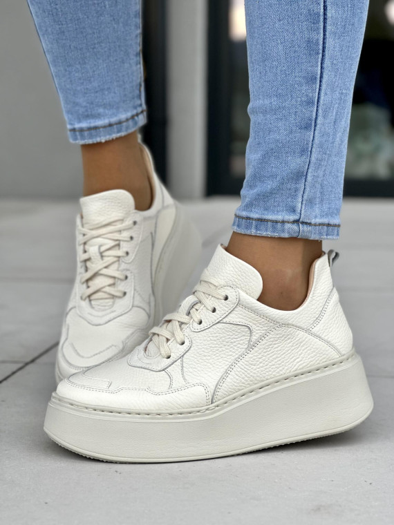 Wygodne kremowe sneakersy damskie na platformie, skóra naturalna