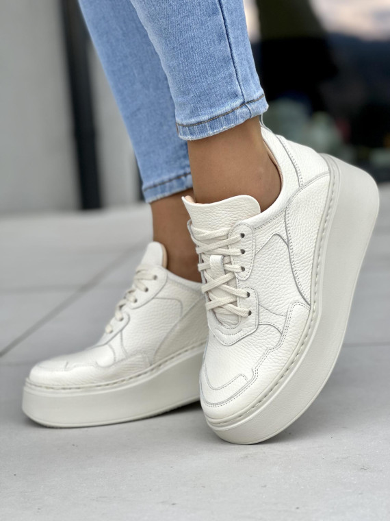 Wygodne kremowe sneakersy damskie na platformie, skóra naturalna