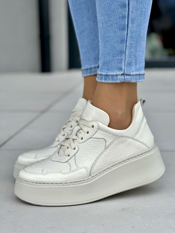 Wygodne kremowe sneakersy damskie na platformie, skóra naturalna