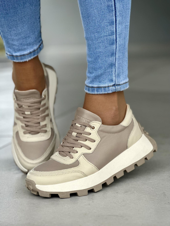 Wygodne beżowe sneakersy damskie, skóra naturalna