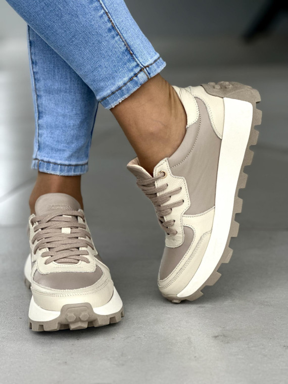 Wygodne beżowe sneakersy damskie, skóra naturalna