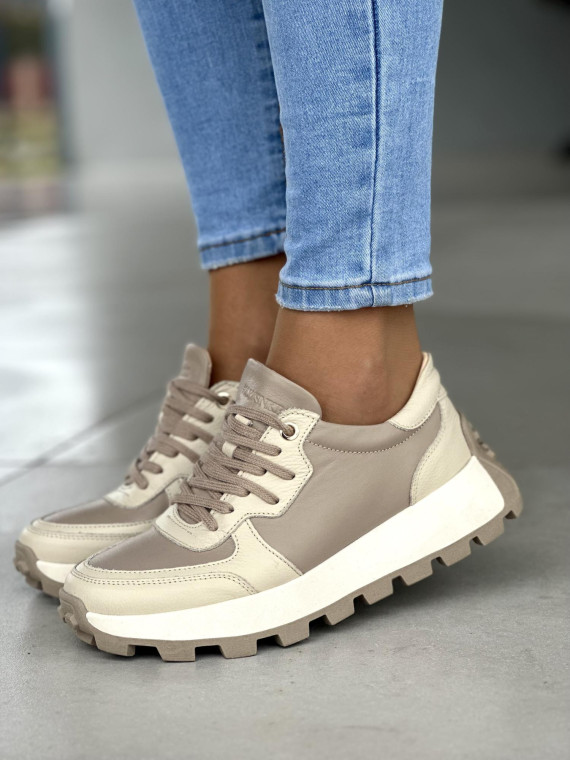 Wygodne beżowe sneakersy damskie, skóra naturalna