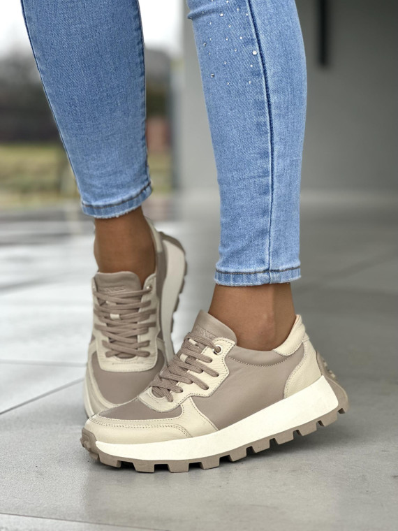 Wygodne beżowe sneakersy damskie, skóra naturalna