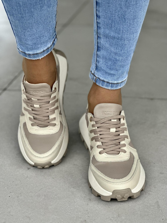 Wygodne beżowe sneakersy damskie, skóra naturalna