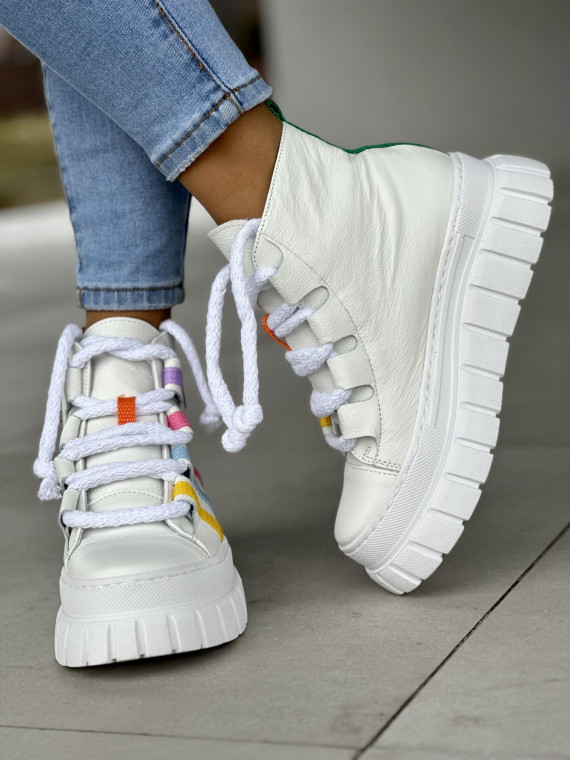 Wysokie białe trampki damskie rainbow, wyższa podeszwa, skóra naturalna