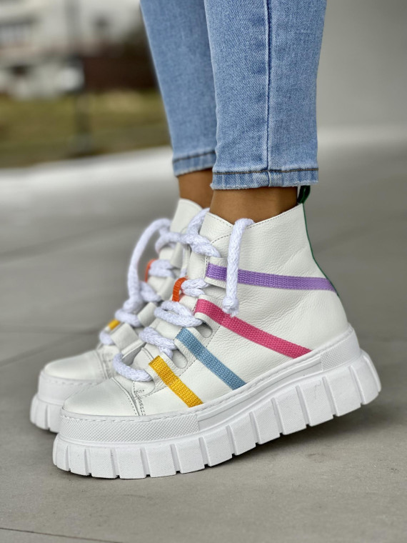Wysokie białe trampki damskie rainbow, wyższa podeszwa, skóra naturalna