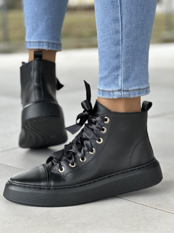 Oryginalne wysokie czarne trampki damskie sznurowane wstążką, skóra naturalna