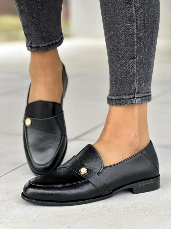Zgrabne i wygodne czarne mokasyny damskie, skóra naturalna