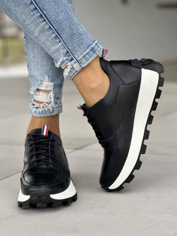 Stylowe czarne sneakersy damskie, skóra naturalna