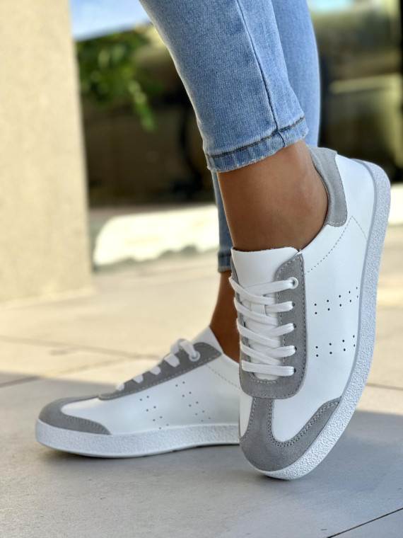 Zgrabne i wygodne biało-szare trampki damskie, skóra naturalna