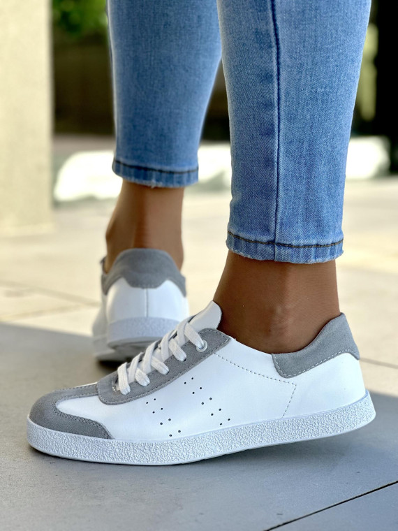 Zgrabne i wygodne biało-szare trampki damskie, skóra naturalna