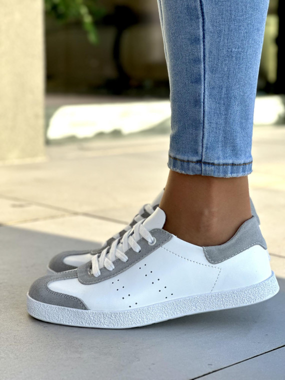 Zgrabne i wygodne biało-szare trampki damskie, skóra naturalna