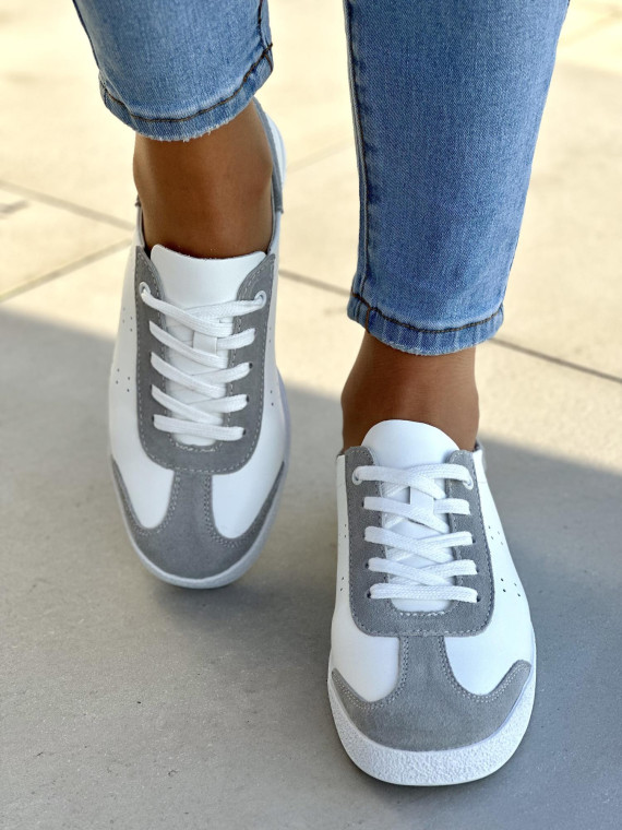 Zgrabne i wygodne biało-szare trampki damskie, skóra naturalna