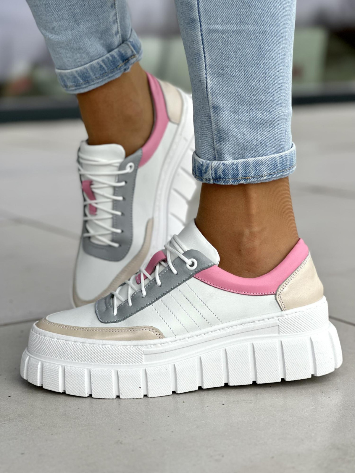 Wielokolorowe trampki damskie na wyższej podeszwie, skóra naturalna