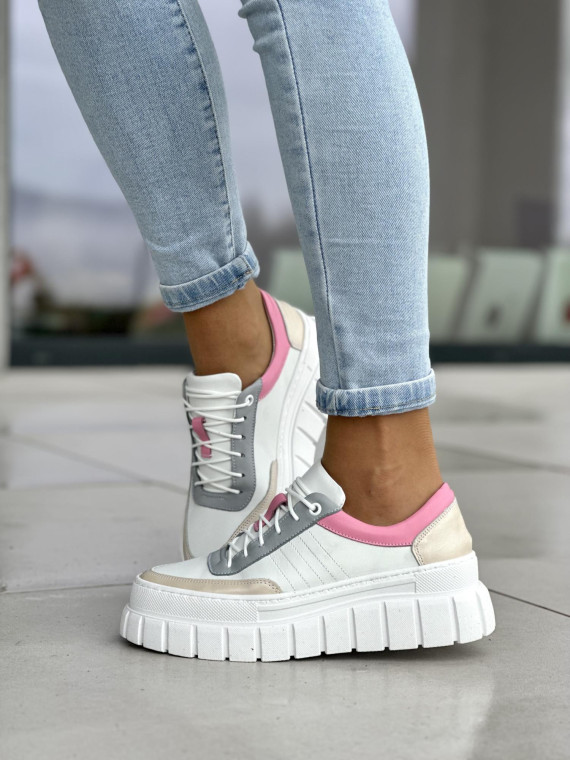 Wielokolorowe trampki damskie na wyższej podeszwie, skóra naturalna