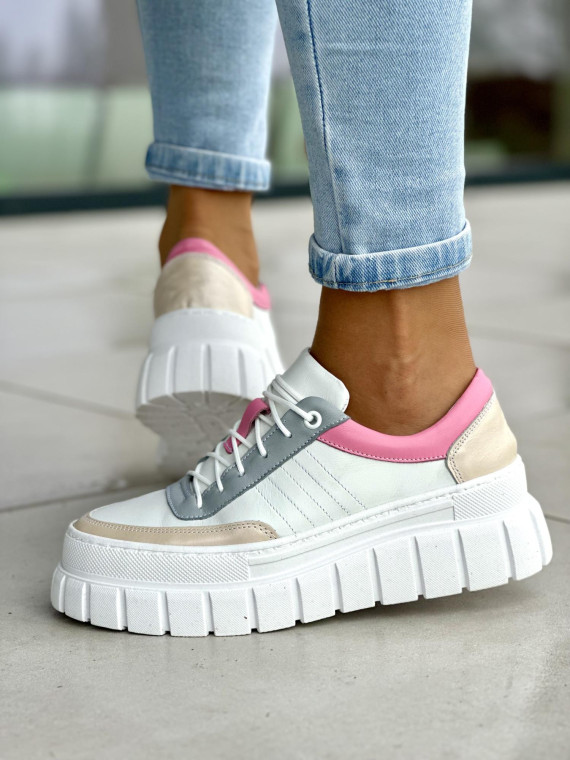 Wielokolorowe trampki damskie na wyższej podeszwie, skóra naturalna