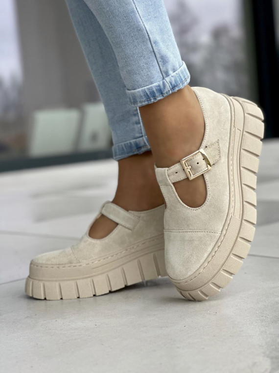 Stylowe beżowe półbuty damskie z klamrą, na grubej podeszwie, skóra naturalna