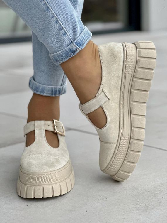 Stylowe beżowe półbuty damskie z klamrą, na grubej podeszwie, skóra naturalna