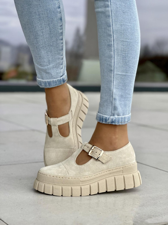 Stylowe beżowe półbuty damskie z klamrą, na grubej podeszwie, skóra naturalna