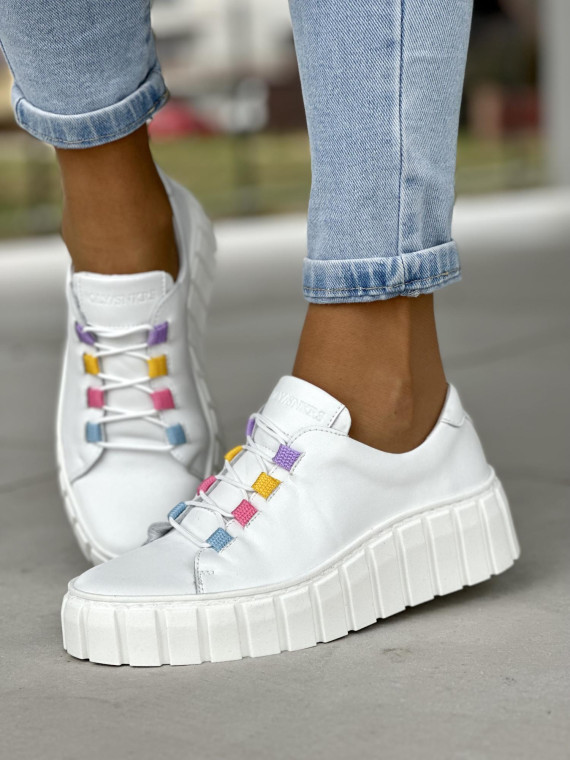 Lekkie i wygodne białe trampki damskie rainbow, skóra naturalna