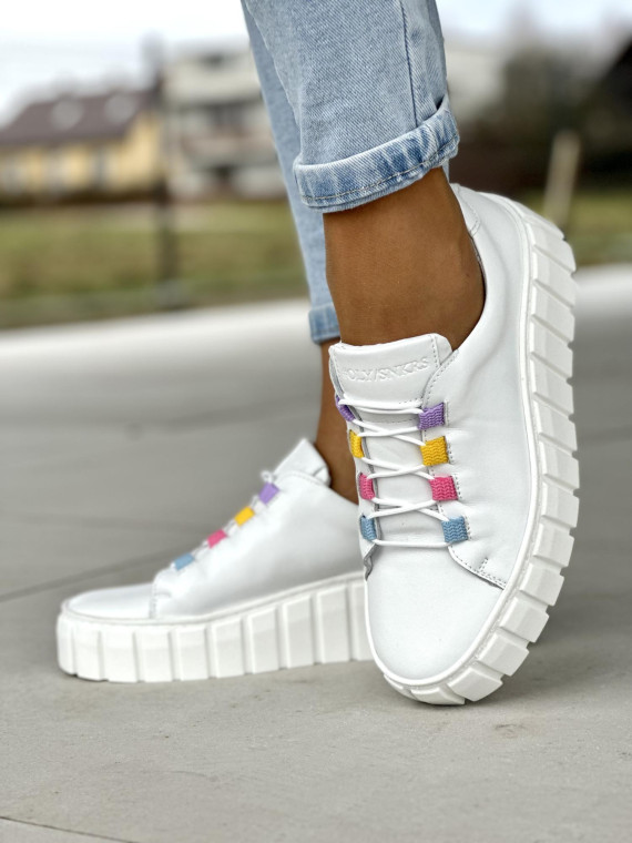 Lekkie i wygodne białe trampki damskie rainbow, skóra naturalna