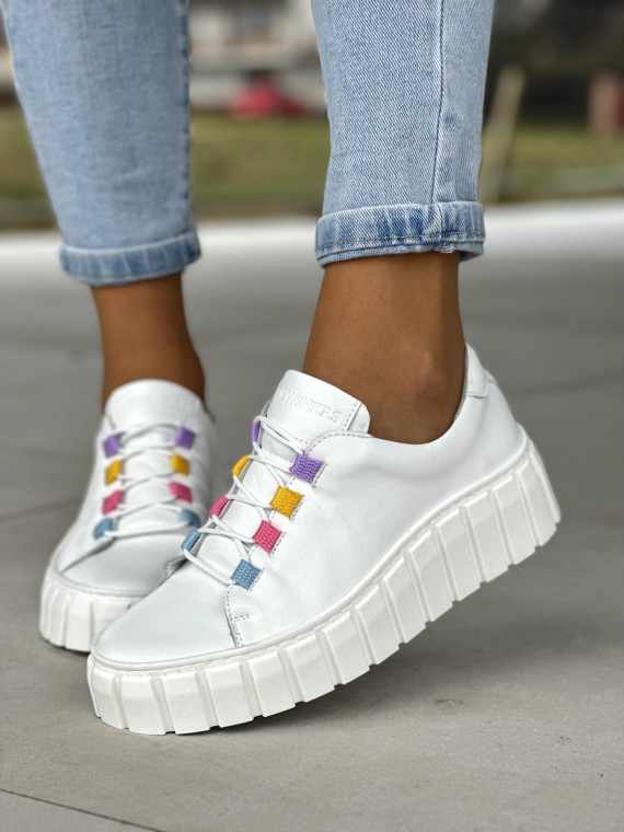 Lekkie i wygodne białe trampki damskie rainbow, skóra naturalna