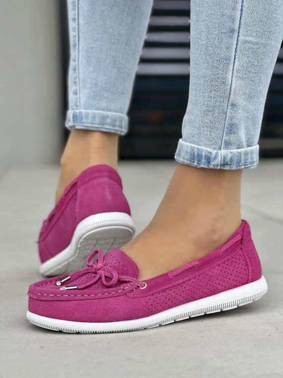 Wyjątkowe ażurowe fuksjowe mokasyny damskie, skóra naturalna