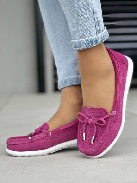 Wyjątkowe ażurowe fuksjowe mokasyny damskie, skóra naturalna