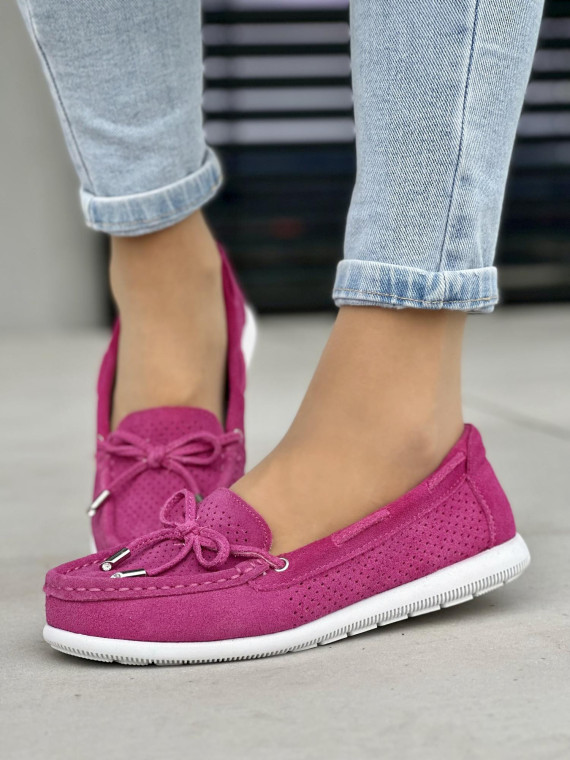 Wyjątkowe ażurowe fuksjowe mokasyny damskie, skóra naturalna