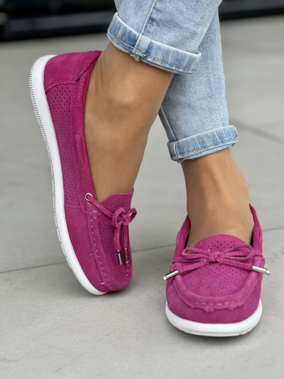Wyjątkowe ażurowe fuksjowe mokasyny damskie, skóra naturalna