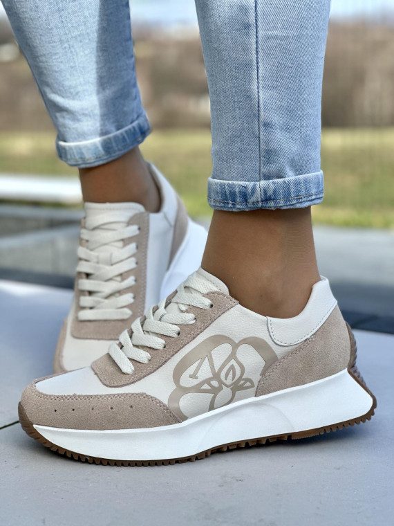 Urocze i wygodne beżowe sneakersy damskie, skóra naturalna