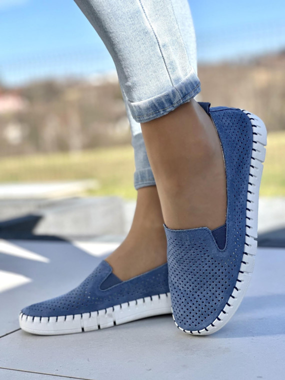 Bardzo wygodne ażurowe niebieskie mokasyny damskie, skóra naturalna