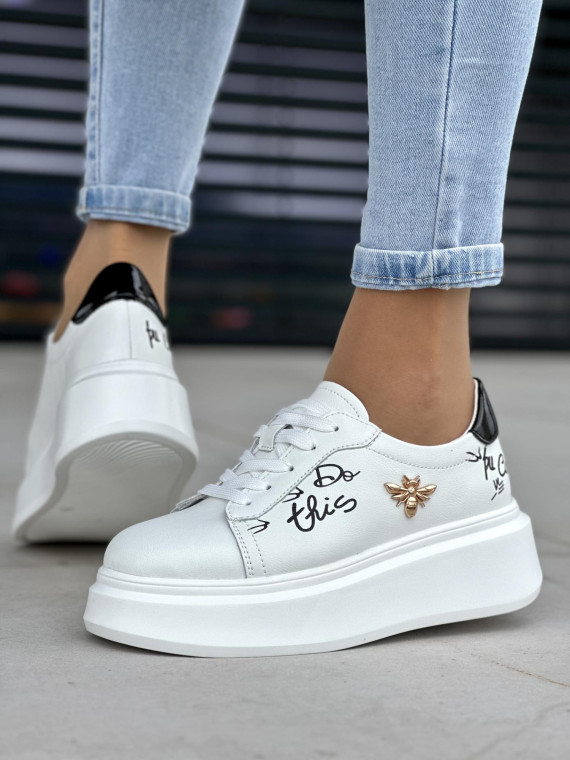 Unikalne białe trampki damskie na platformie, ze złotą ozdobą, skóra naturalna