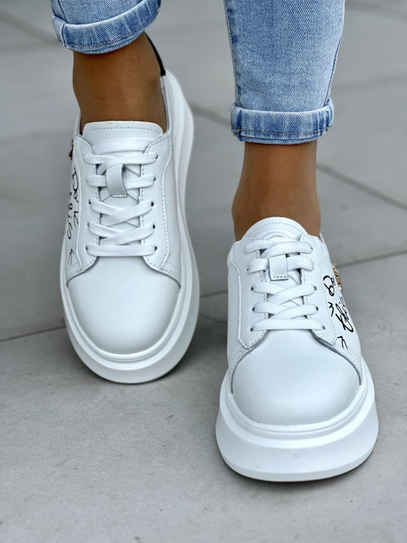 Unikalne białe trampki damskie na platformie, ze złotą ozdobą, skóra naturalna