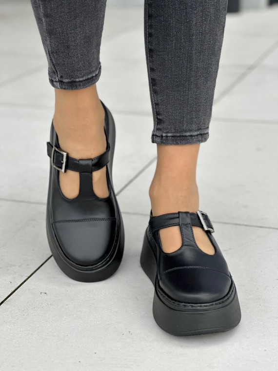 Wyjątkowe czarne półbuty damskie z klamrą, wyższa lekka podeszwa, skóra naturalna