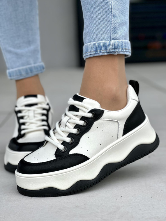 Niepowtarzalne beżowo-czarne trampki damskie na platformie, skóra naturalna