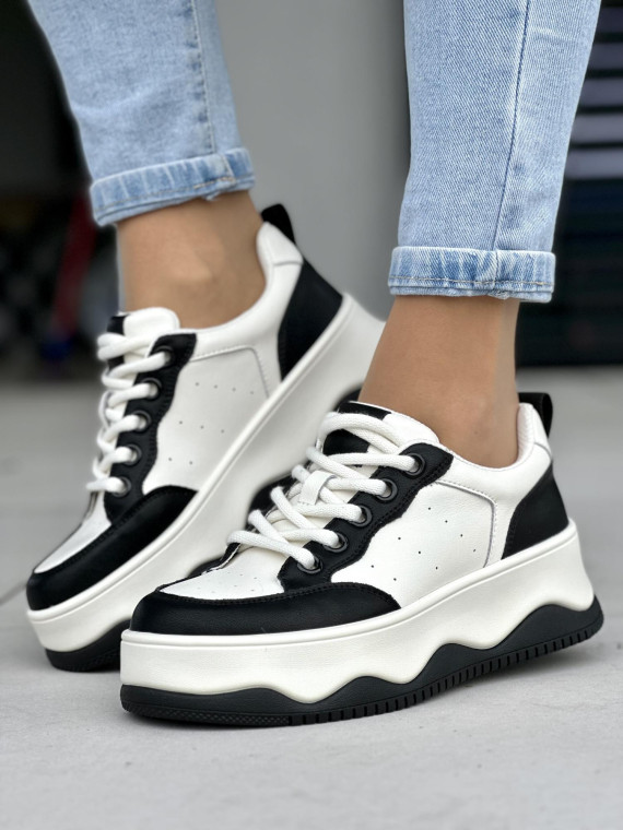 Niepowtarzalne beżowo-czarne trampki damskie na platformie, skóra naturalna