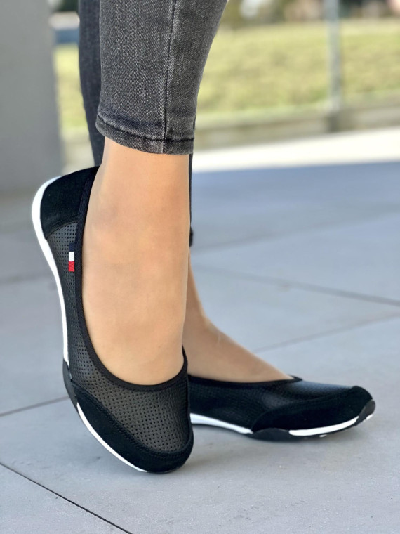 Wyjątkowe wygodne czarne baleriny damskie, skóra naturalna