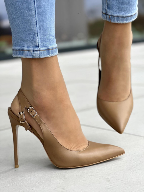 Beżowe czółenka damskie skórzane