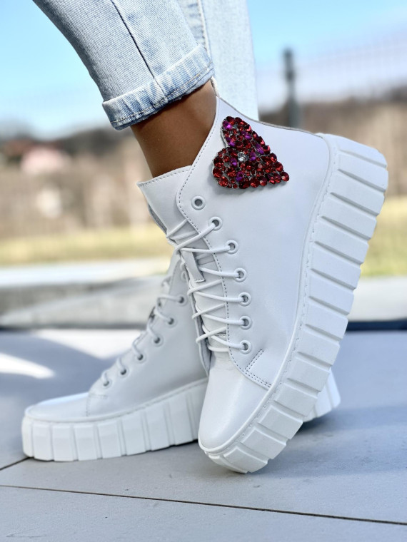 Białe trampki damskie na wyższej lekkiej podeszwie, skóra naturalna