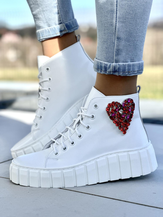 Białe trampki damskie na wyższej lekkiej podeszwie, skóra naturalna