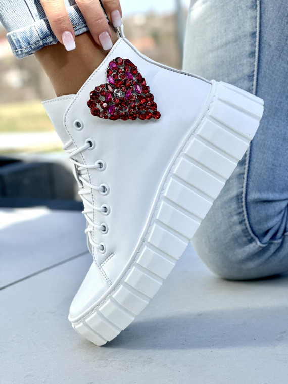 Białe trampki damskie na wyższej lekkiej podeszwie, skóra naturalna