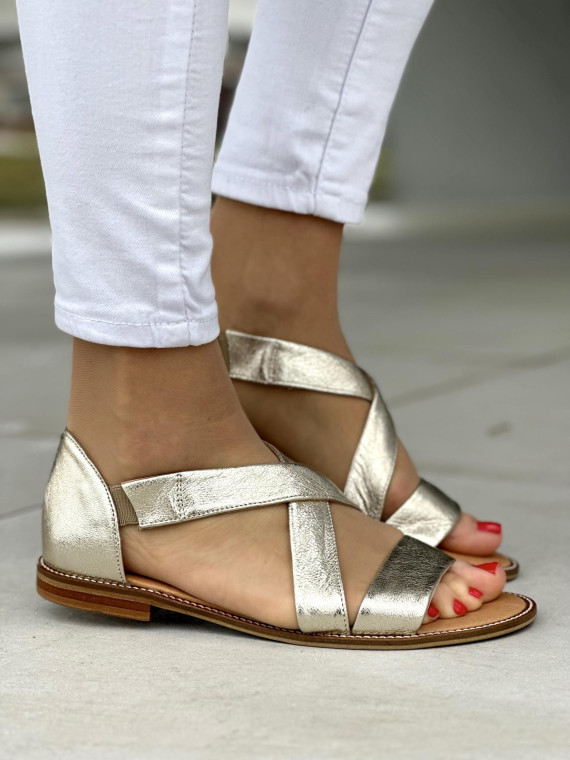 Złote sandały damskie skórzane