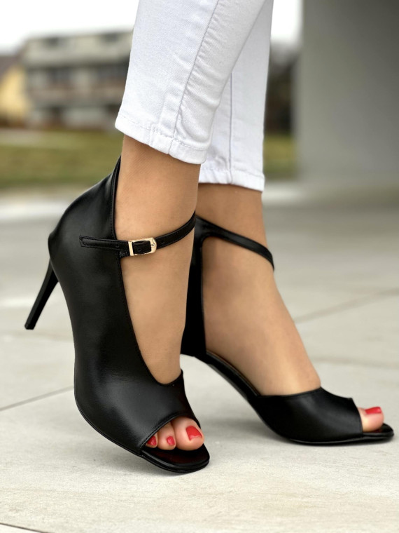 Eleganckie czarne sandały damskie na wysokim obcasie, skóra naturalna