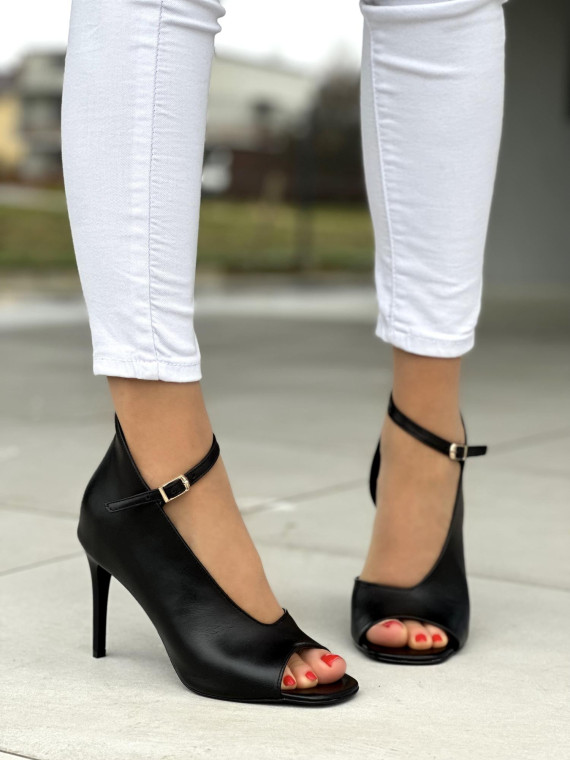 Eleganckie czarne sandały damskie na wysokim obcasie, skóra naturalna