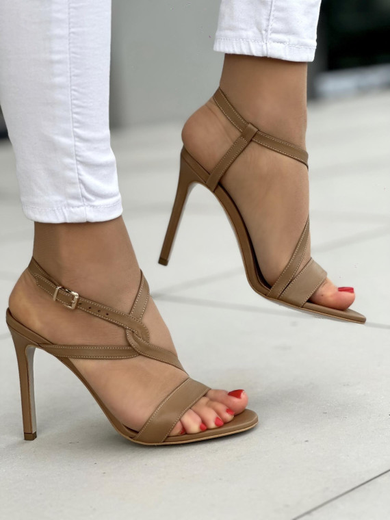 Modne beżowe sandały damskie szpilki na wysokim obcasie, skóra naturalna